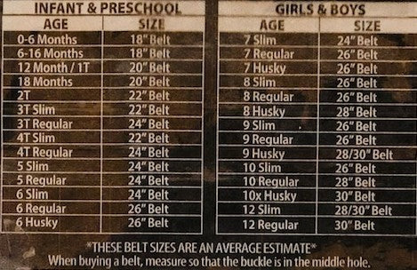 Kid/Child Leather Belt sizing chart